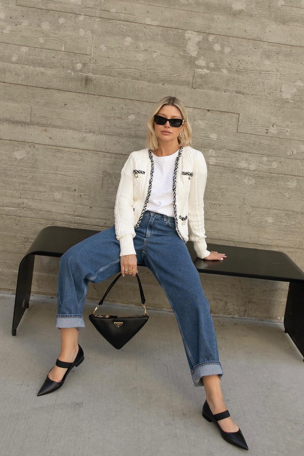 Cream Tweed Jacket and Straight-Leg Jeans