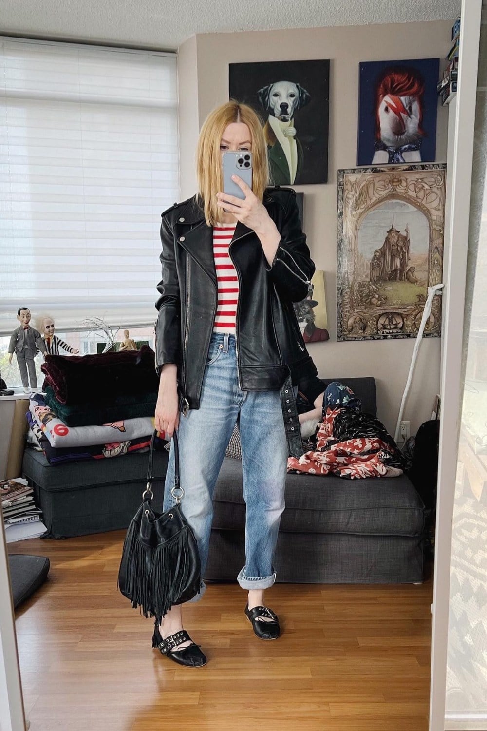 Leather Biker Jacket and Striped Tee