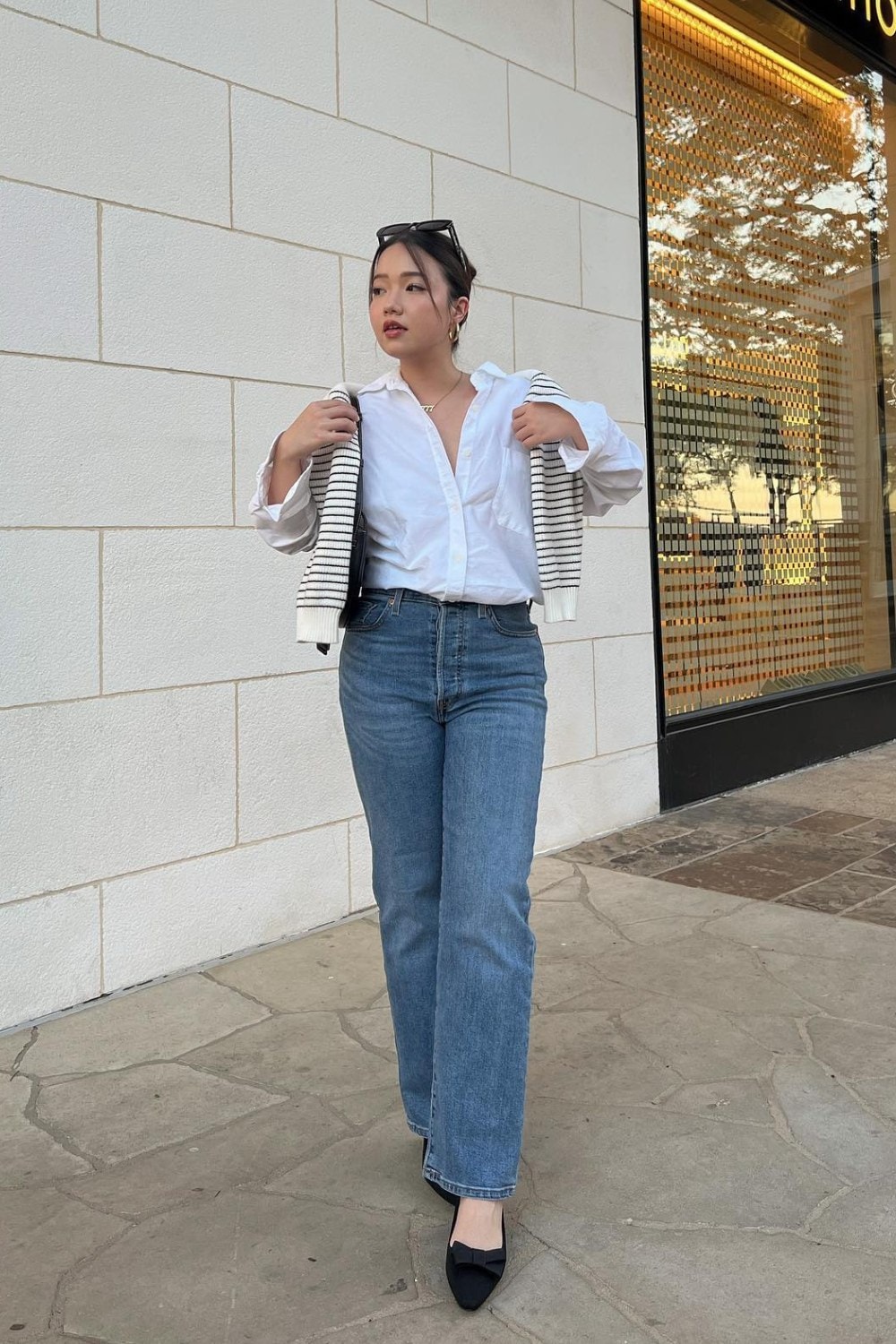 White Button-Up and Striped Cardigan