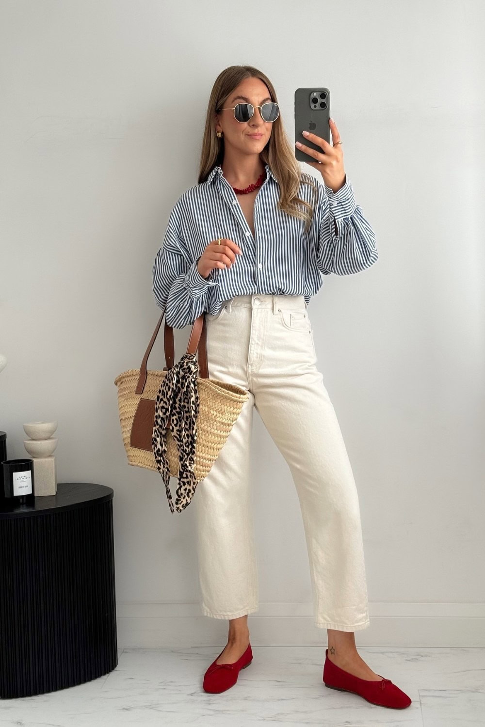 Blue Striped Button-Up and White Jeans
