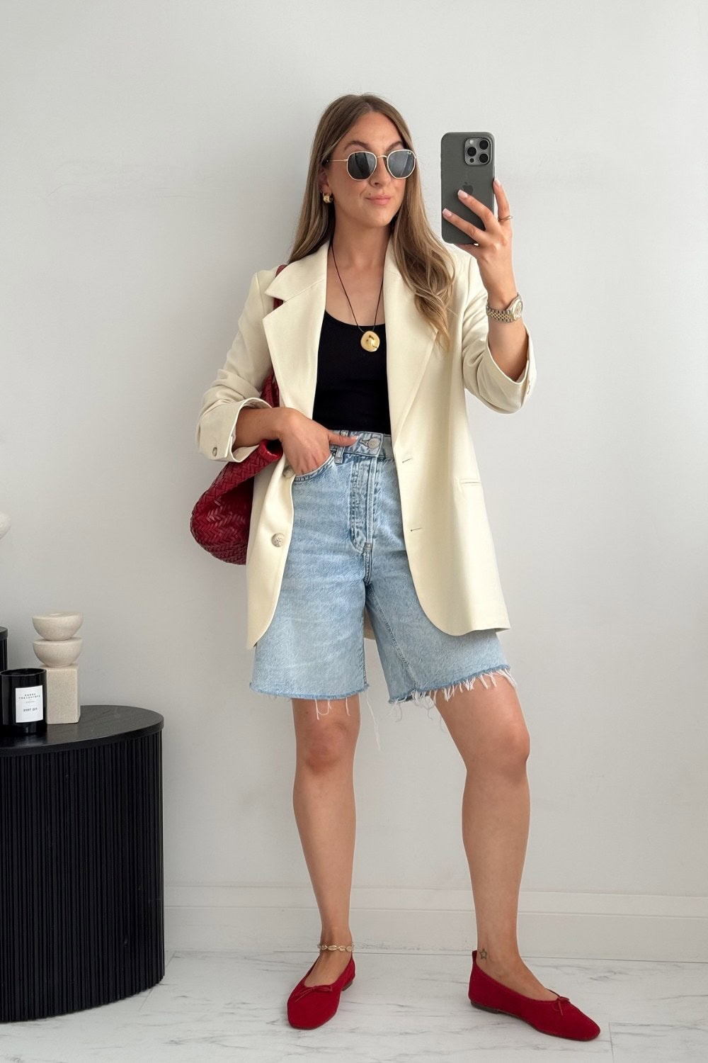 Cream Blazer and Denim Shorts