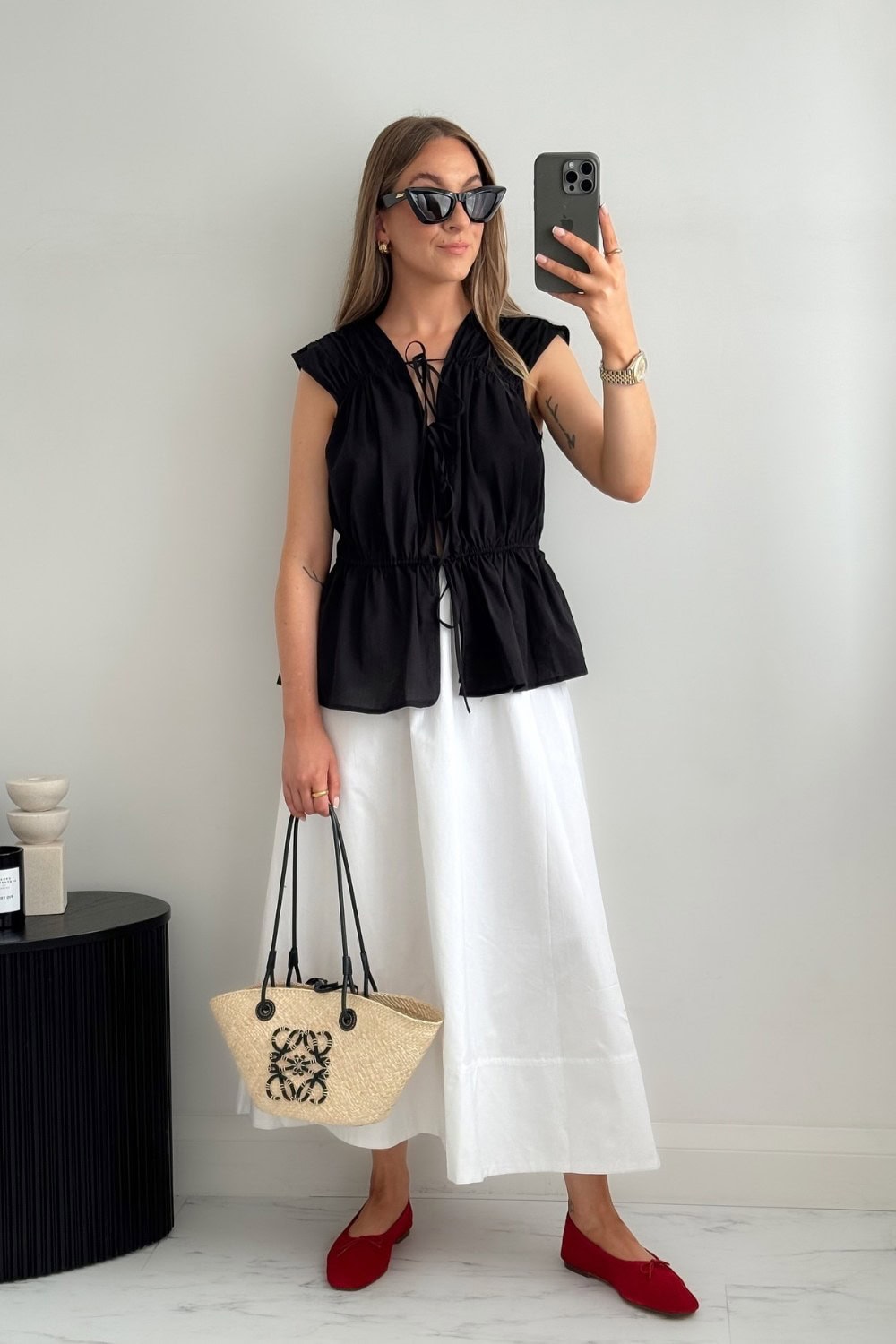 Black Peplum Top and White Maxi Skirt