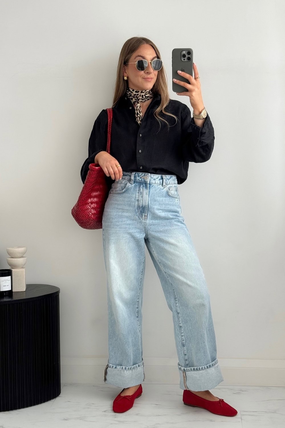 Black Button-Up and Light Wash Jeans