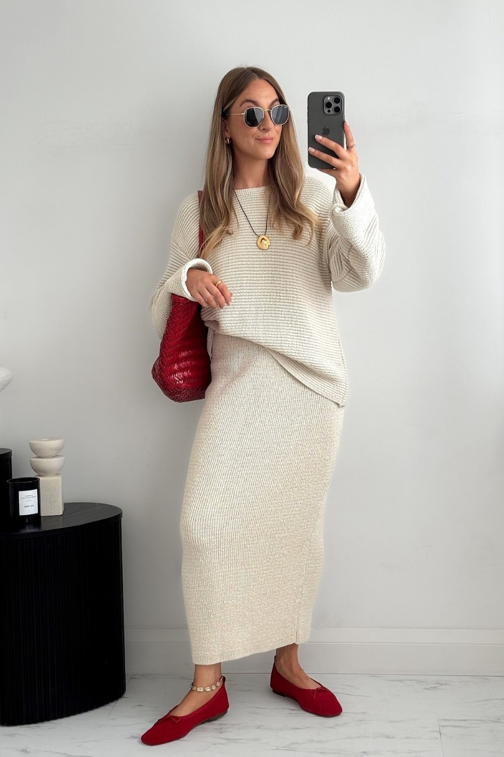 Cream Ribbed Sweater and Midi Skirt