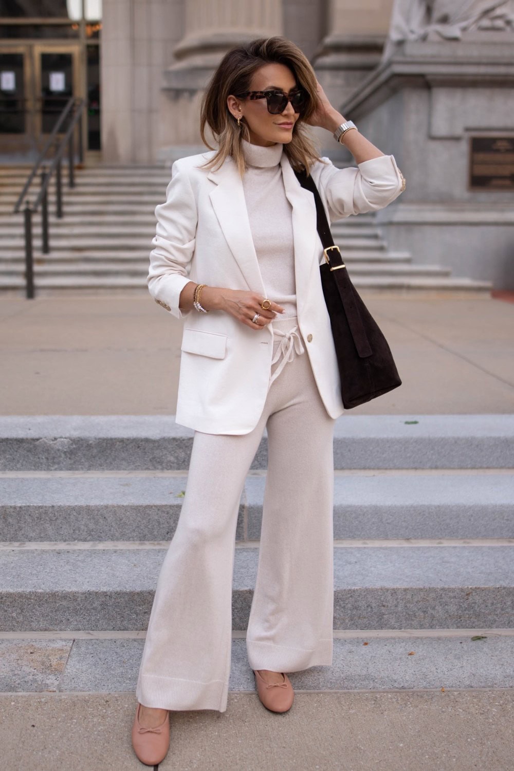 White Blazer and Cream Wide-Leg Trousers