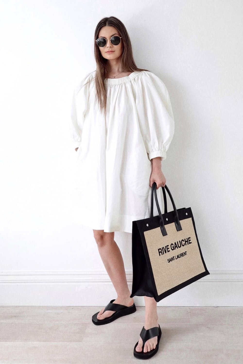 White Puff Sleeve Dress and Flip Flops
