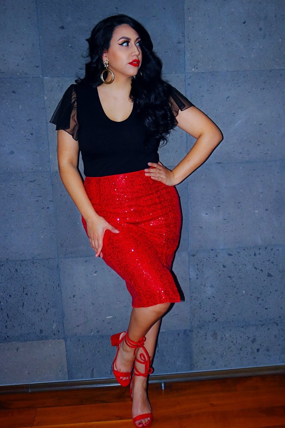 Black Top and Red Sequined Pencil Skirt