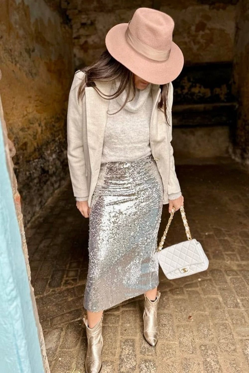 Cream Sweater and Silver Midi