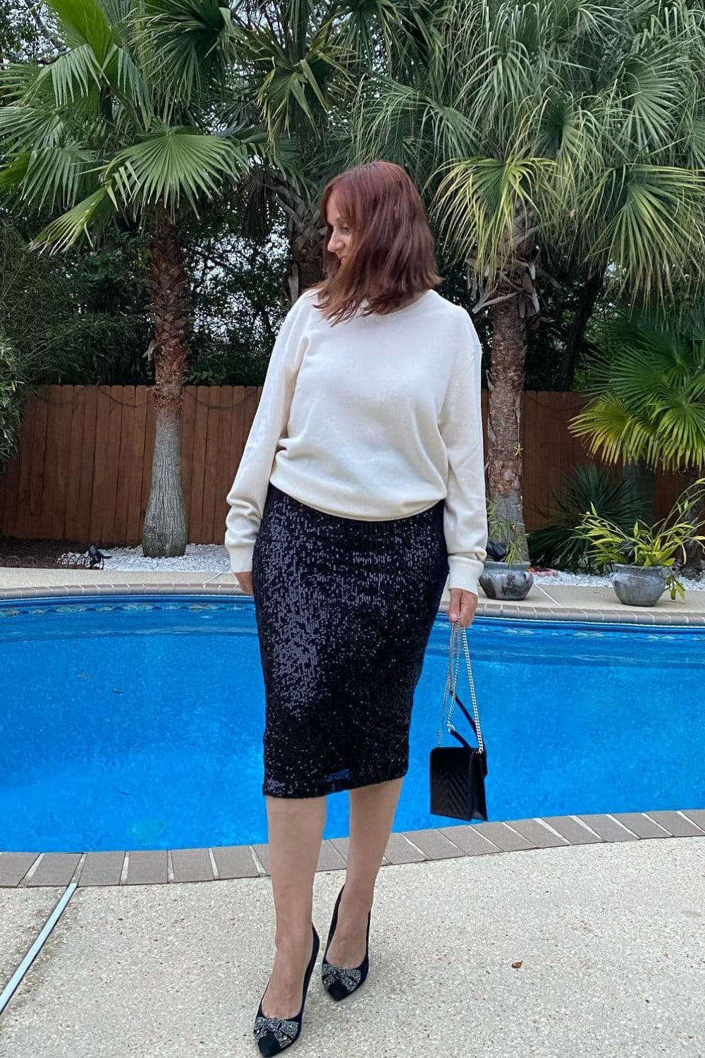 Cream Sweater and Black Sequined Pencil