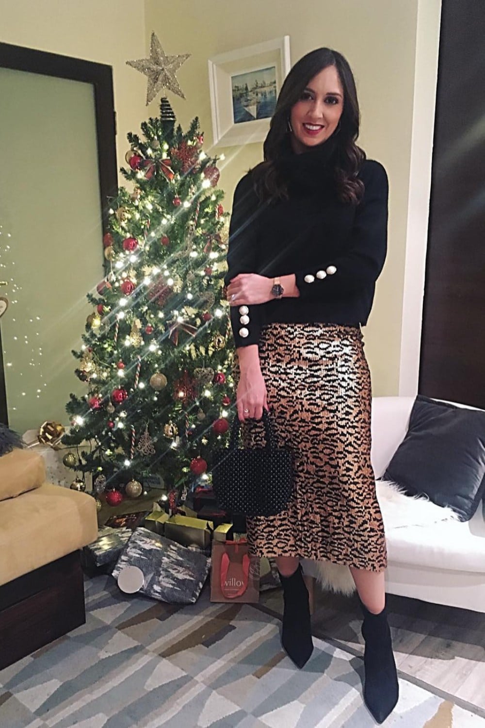 Black Turtleneck and Leopard Print Sequined Skirt