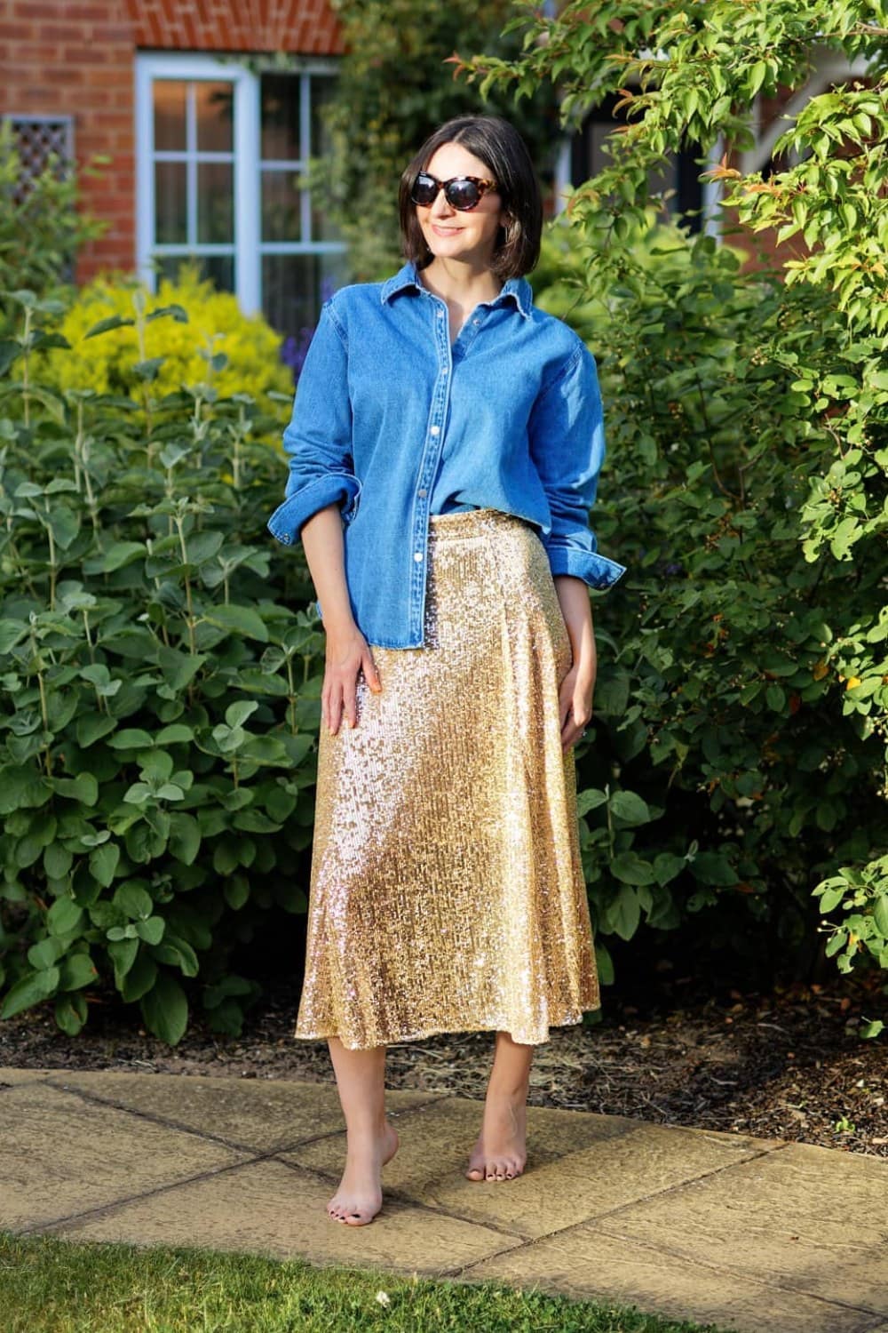 Blue Denim Shirt and Gold Midi