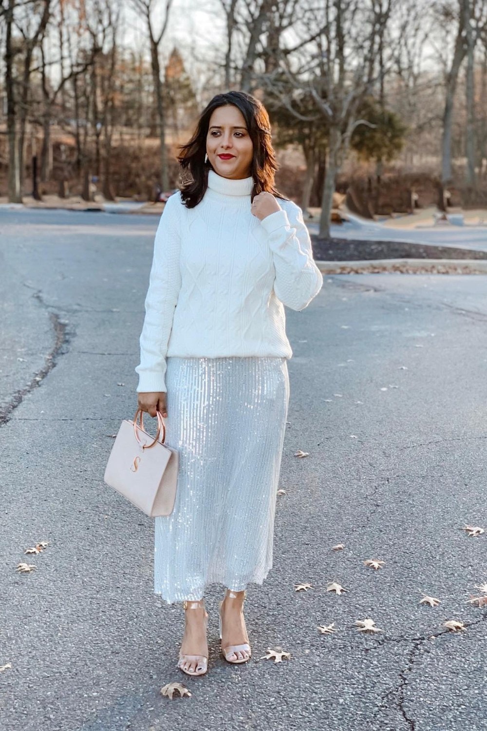 White Turtleneck and Silver Midi