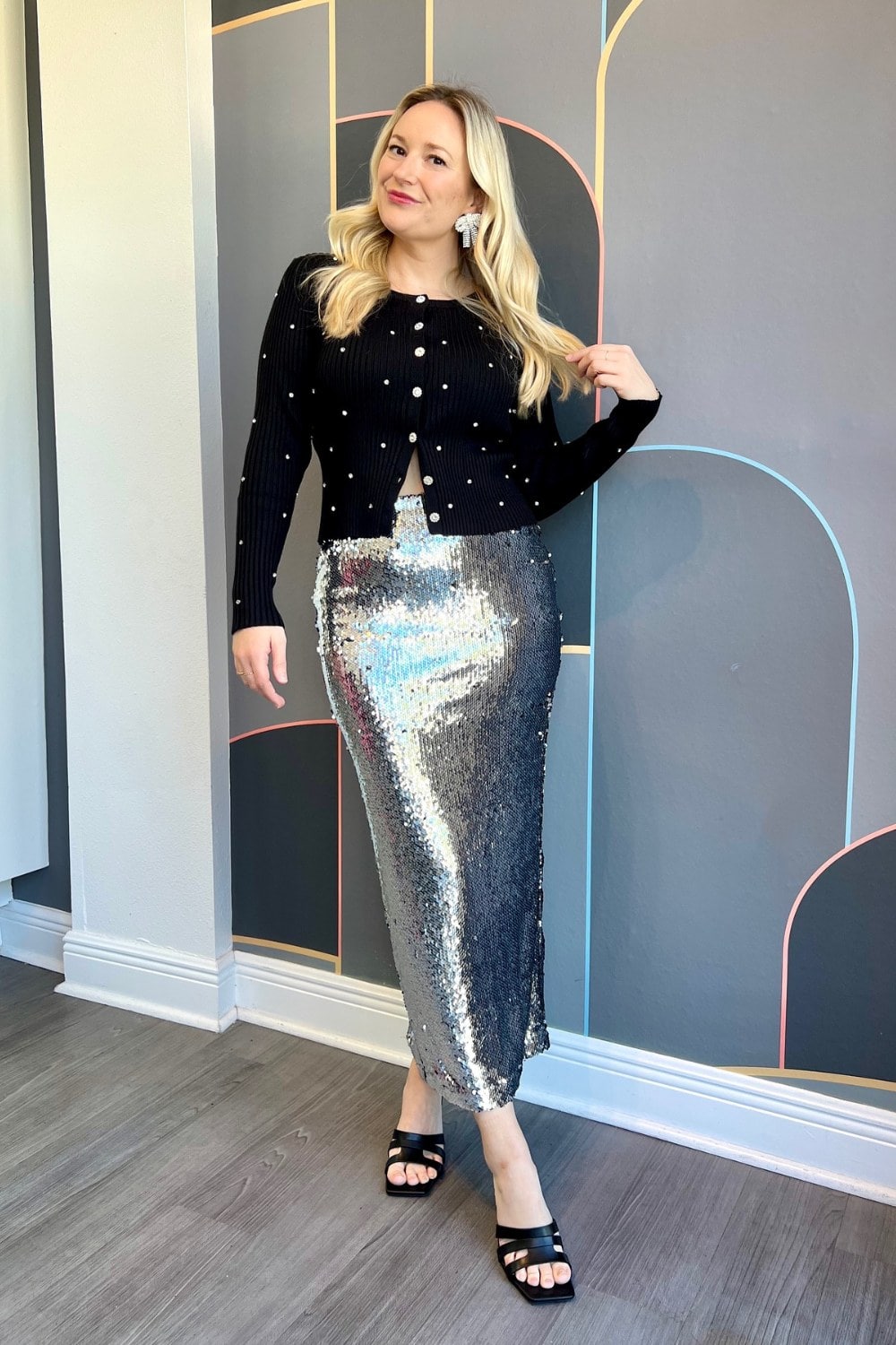 Black Cardigan and Silver Midi