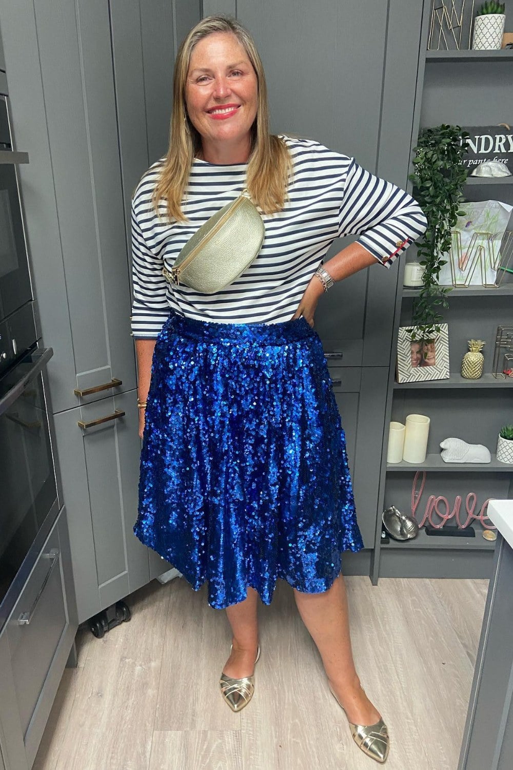 Striped Top and Blue Sequin Midi