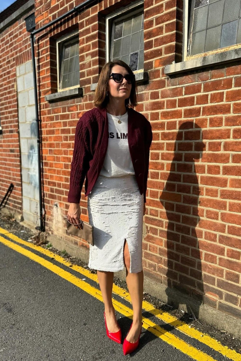 Burgundy Cardigan and Gray Sequin Maxi