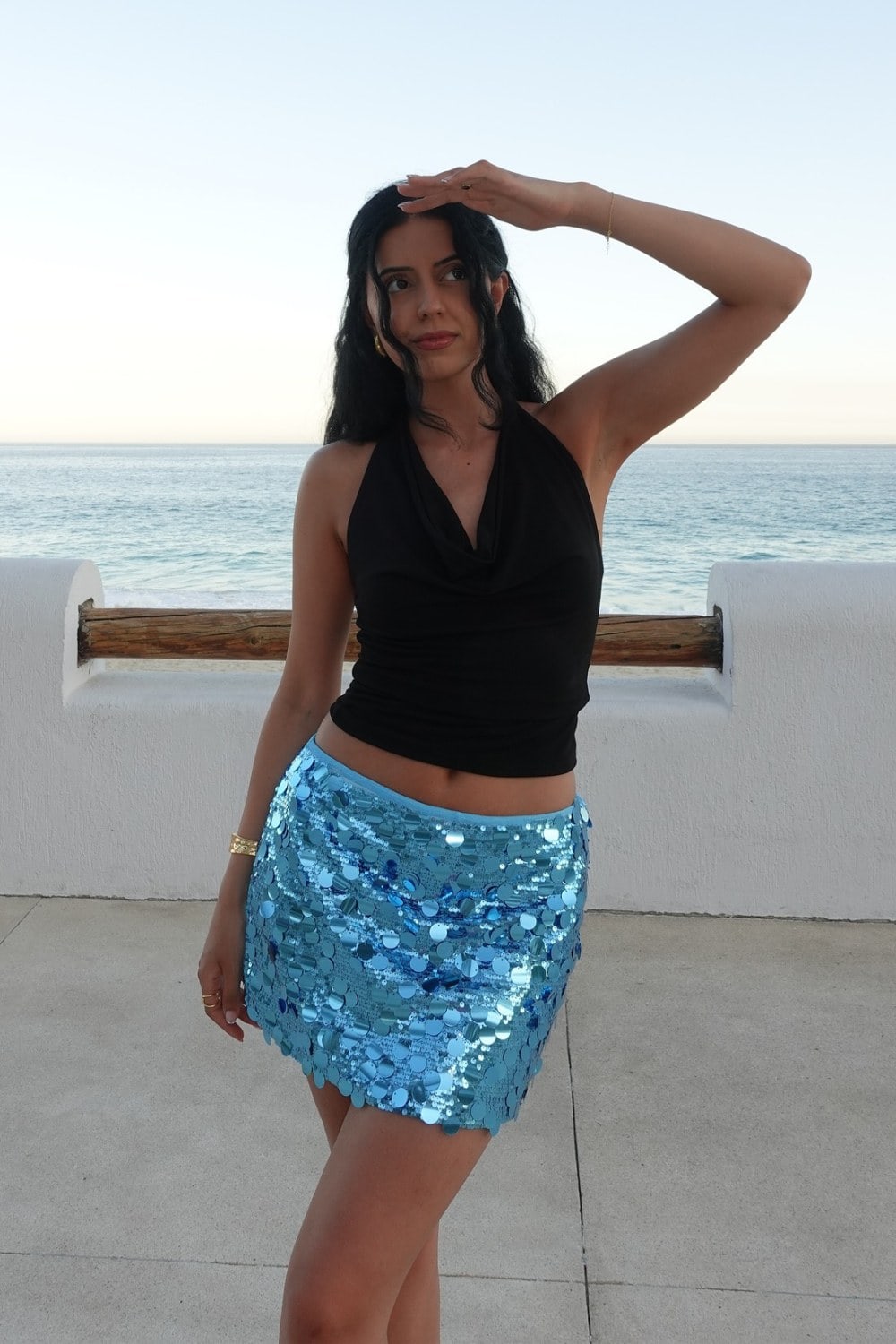 Black Halter Top and Blue Sequin Mini