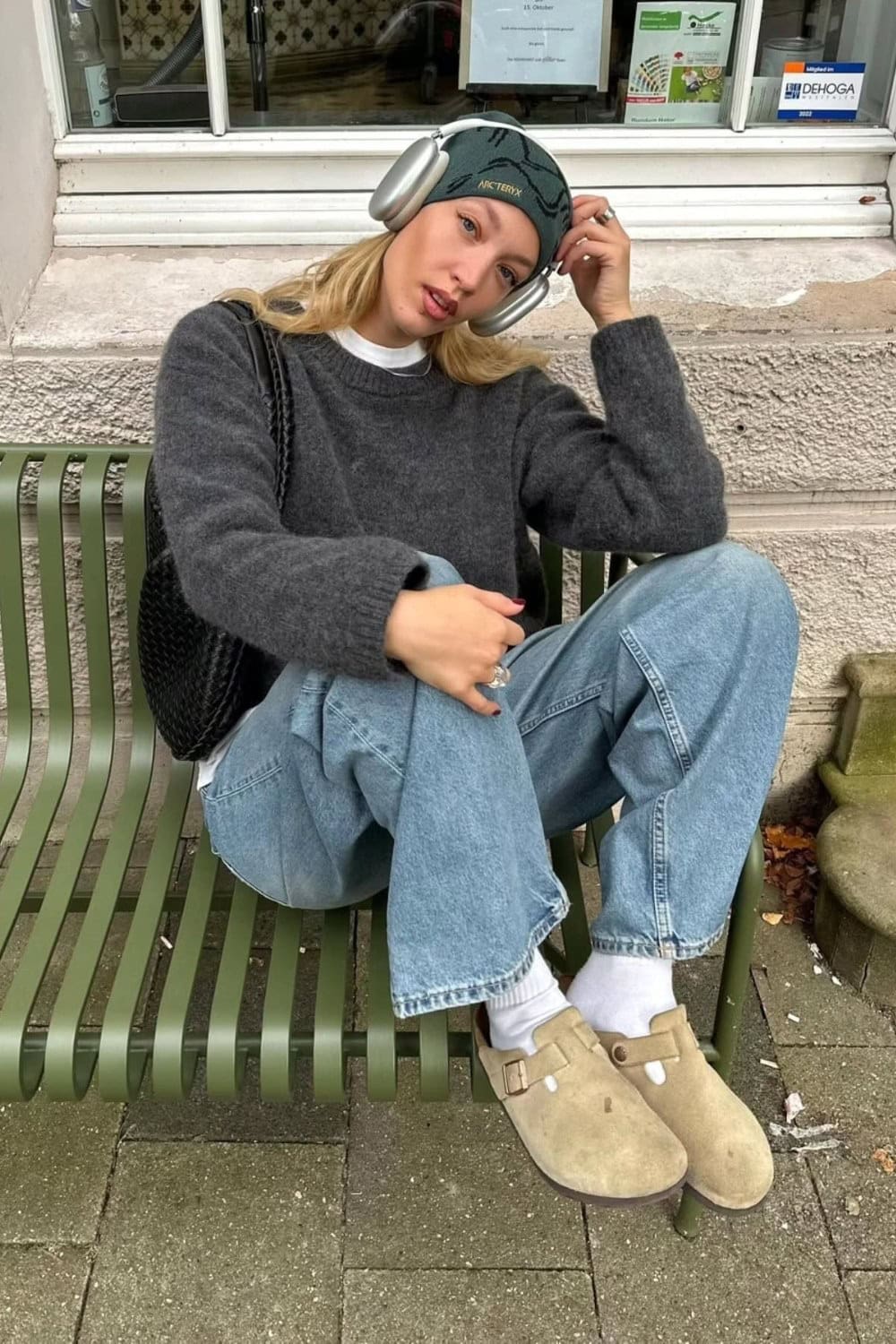 Gray Crewneck Sweater and Wide-Leg Jeans