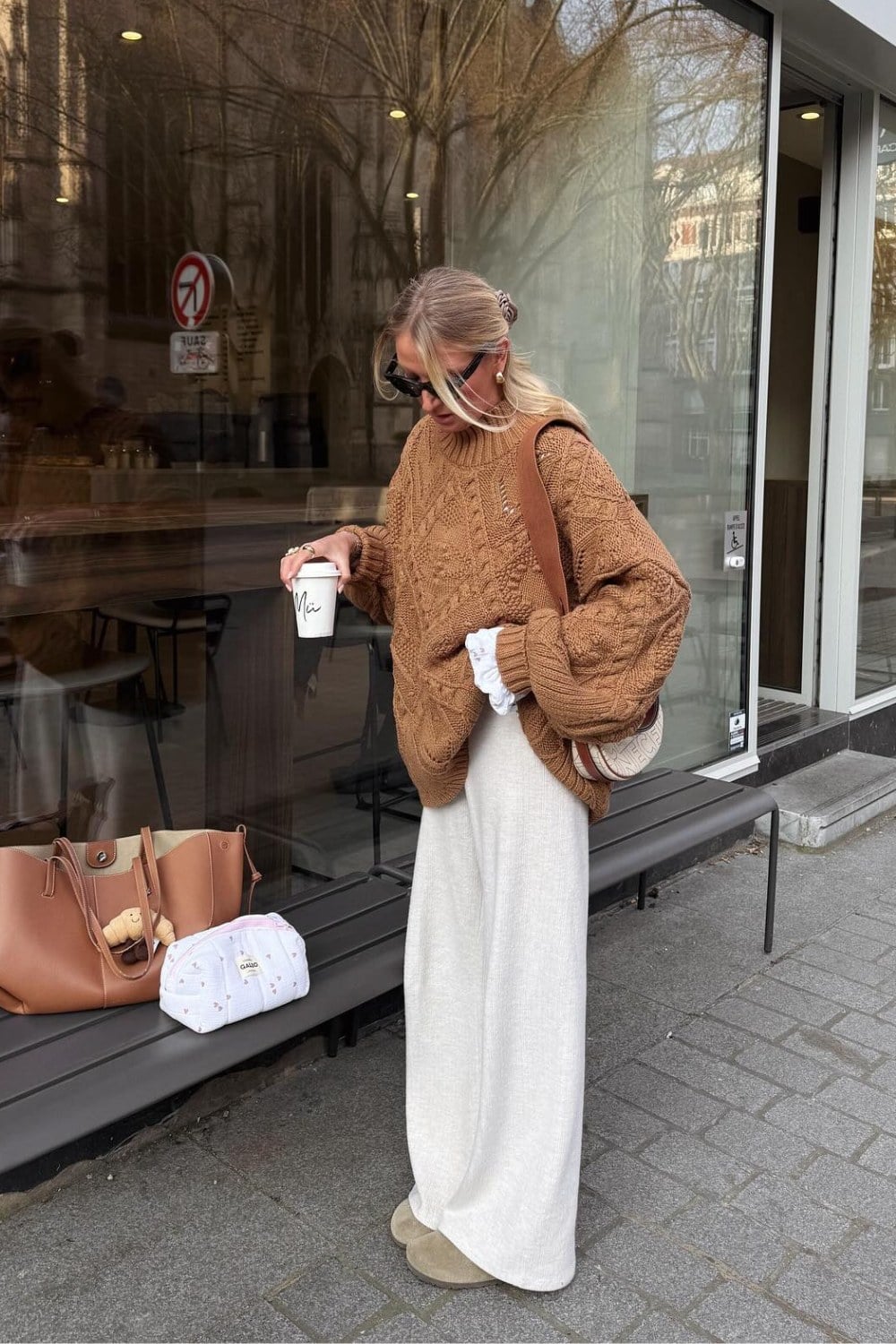 Camel Cable-Knit Sweater and White Wide-Leg Pants