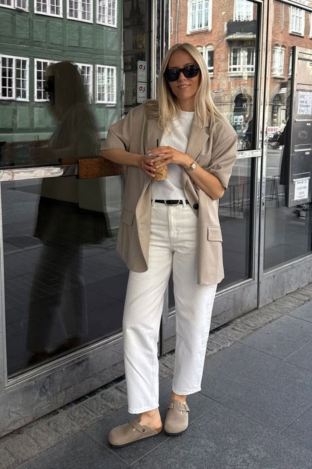 Beige Oversized Blazer and White Wide-Leg Jeans