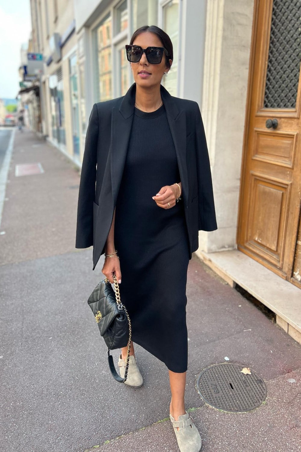 Black Blazer and Black Midi Dress