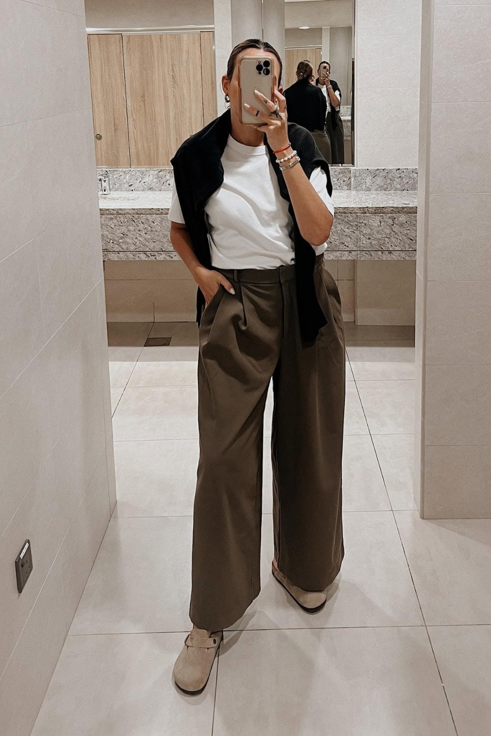 White T-Shirt and Olive Wide-Leg Trousers