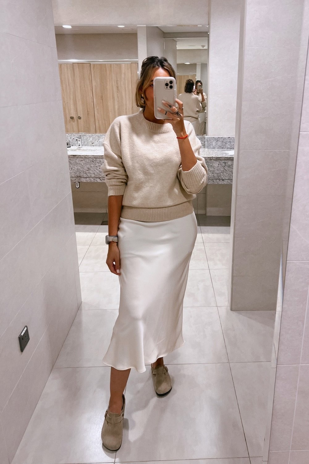 Cream Knit Sweater and White Midi Skirt
