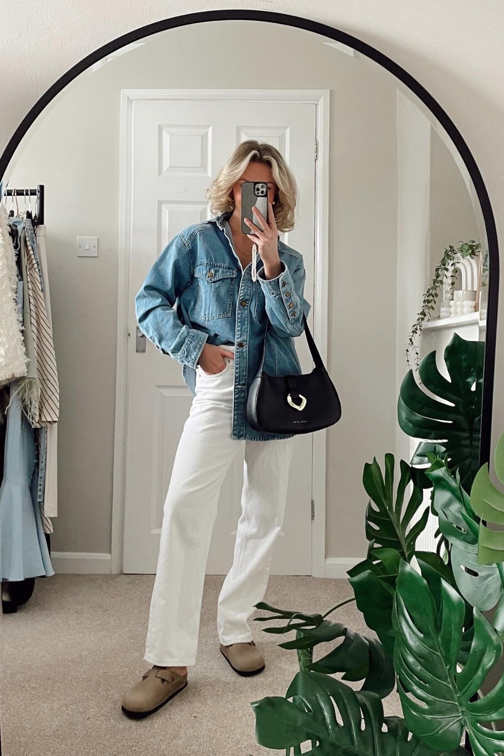 Light Blue Denim Jacket and White Wide-Leg Pants
