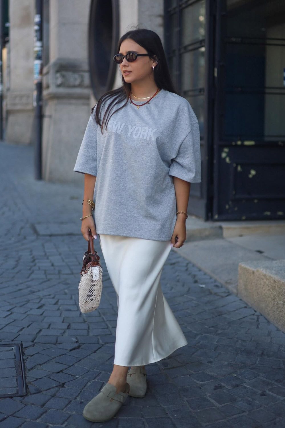 Gray T-Shirt and White Midi Skirt