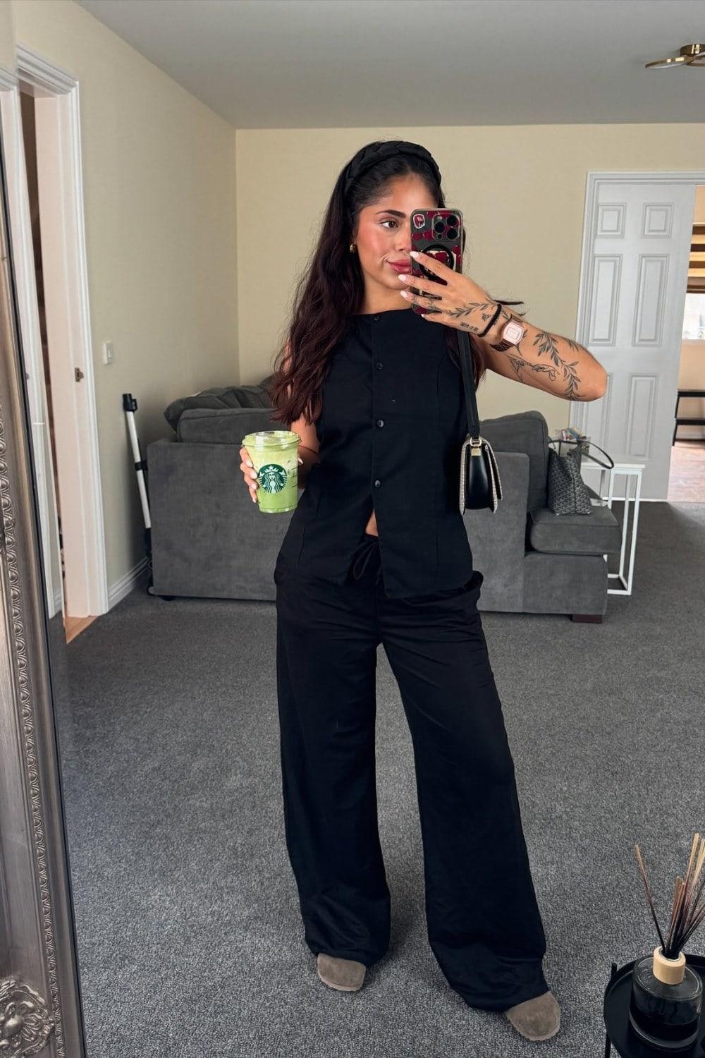 Black Button-Front Top and Wide-Leg Pants