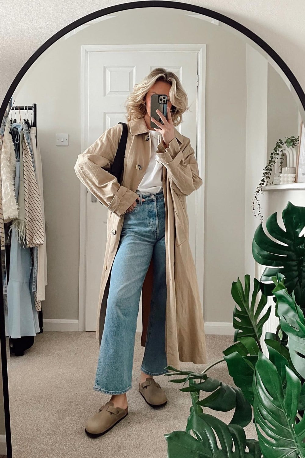 Beige Trench Coat and Wide-Leg Jeans