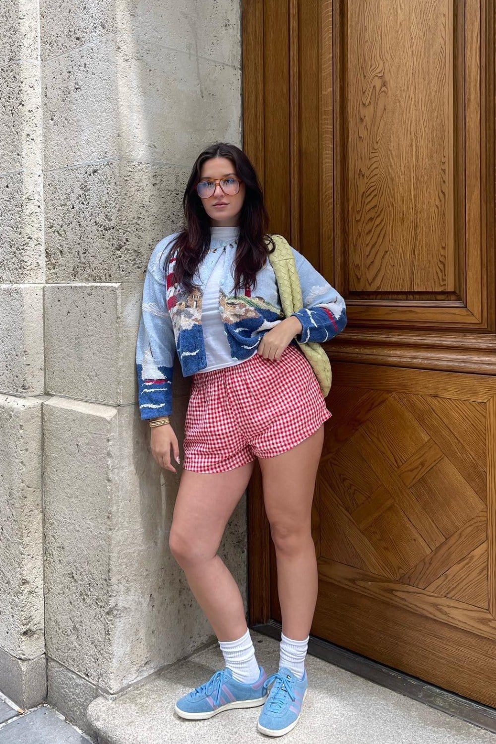 Colorful Patterned Cardigan and Sneakers