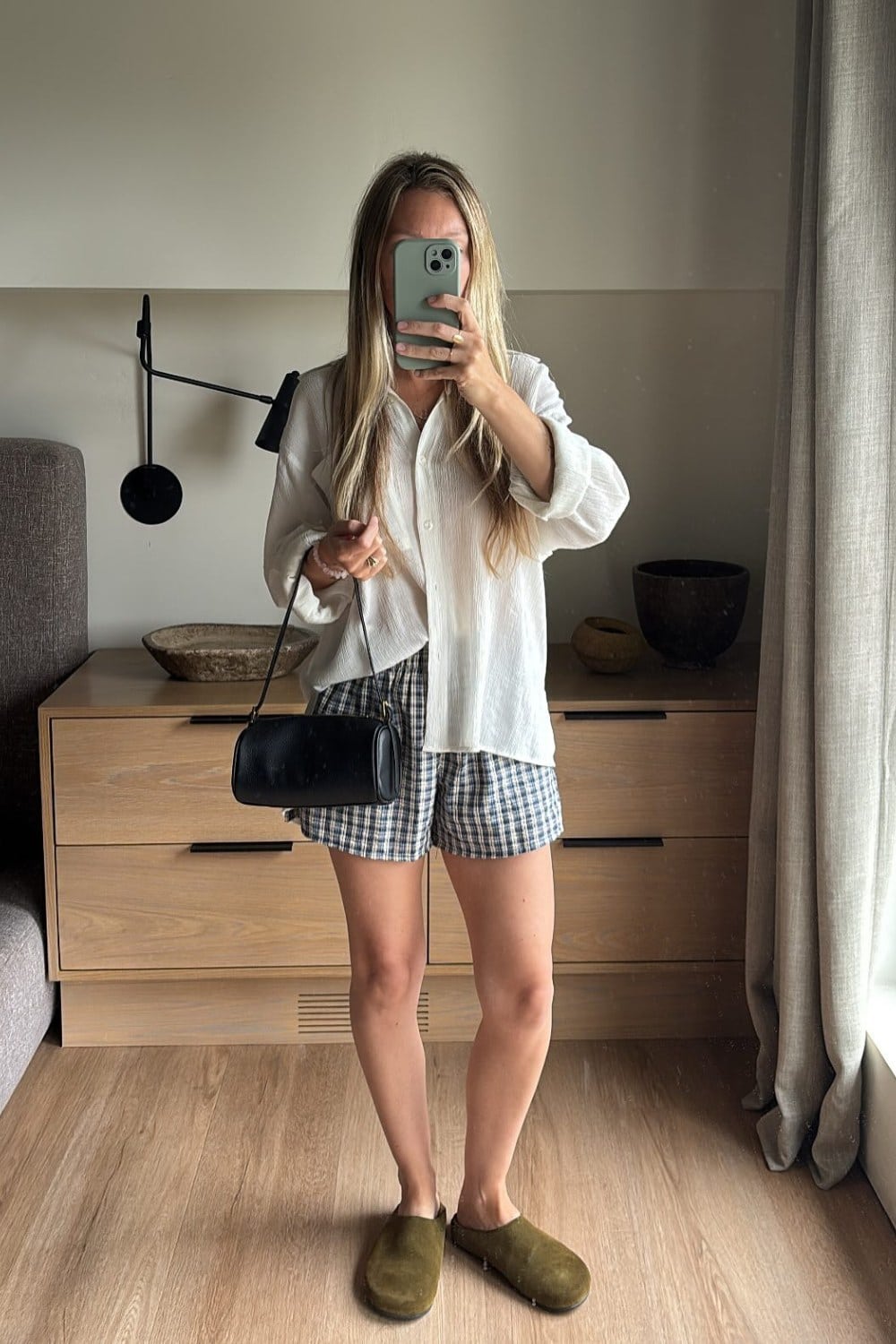 White Button-Up Shirt and Clogs