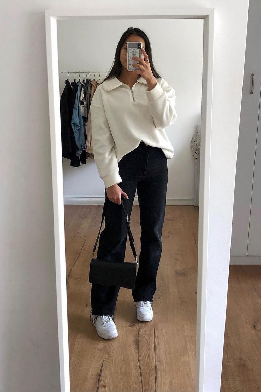 White Quarter-Zip Sweatshirt and Black Straight-Leg Jeans