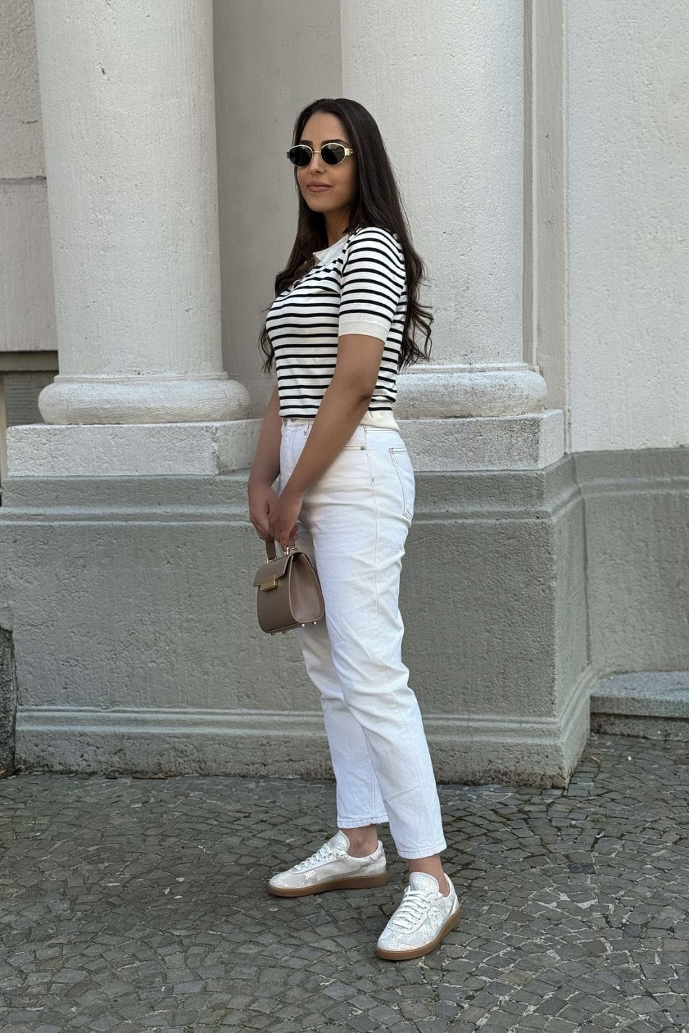 Black and White Striped T-Shirt and White Jeans