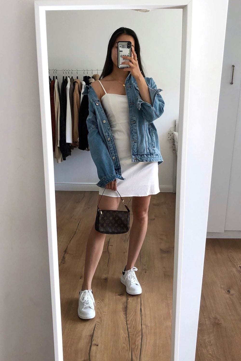 White Spaghetti Strap Dress and Light Wash Denim Jacket