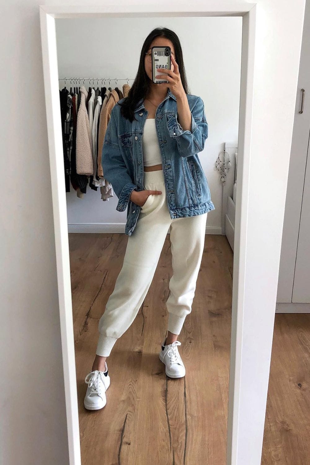 White Crop Top, White Sweatpants, and Denim Jacket