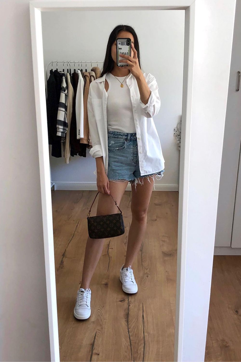 White Button-Up Shirt, White Tank Top, and Light Wash Denim Shorts