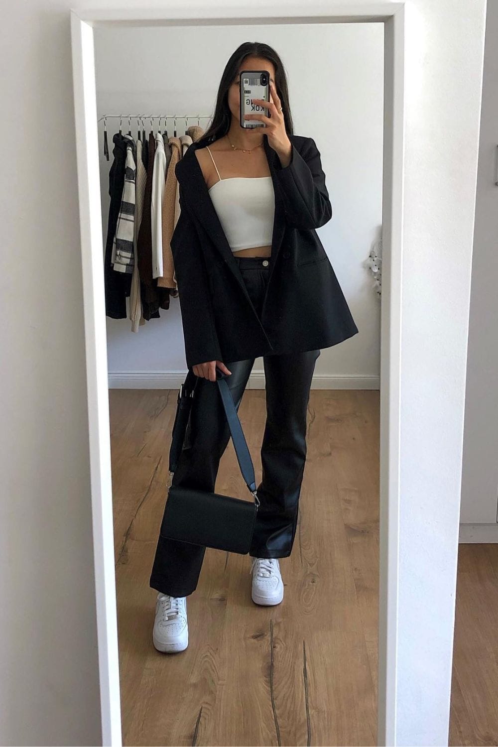 Black Oversized Blazer, White Crop Top, and Black Trousers
