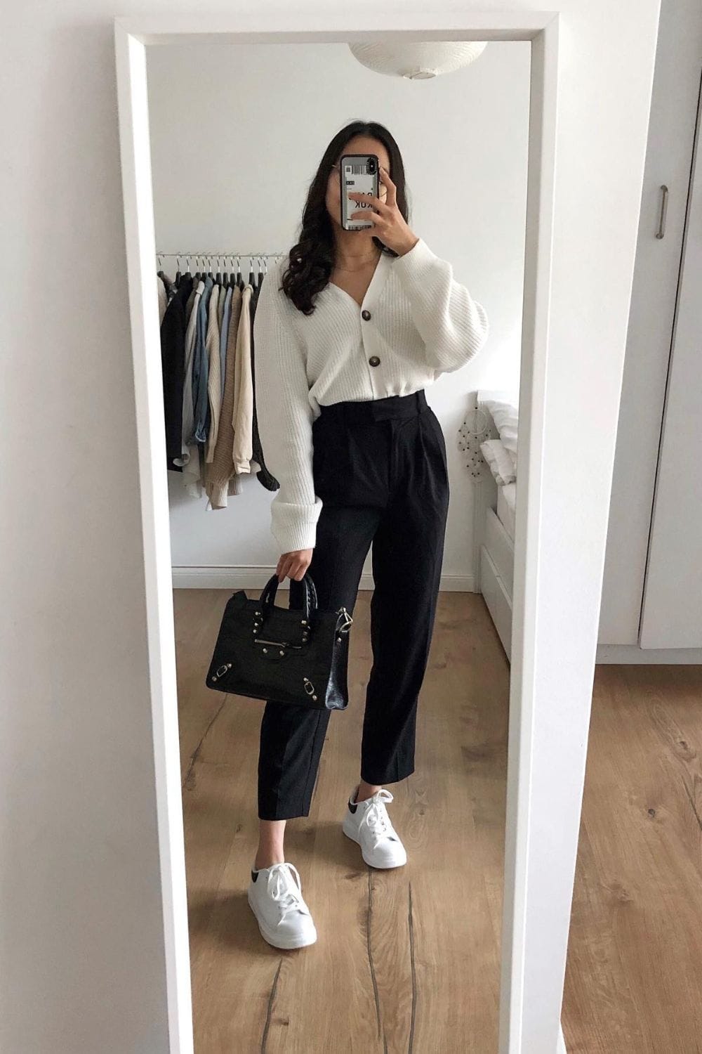 White Ribbed Cardigan and Black Trousers