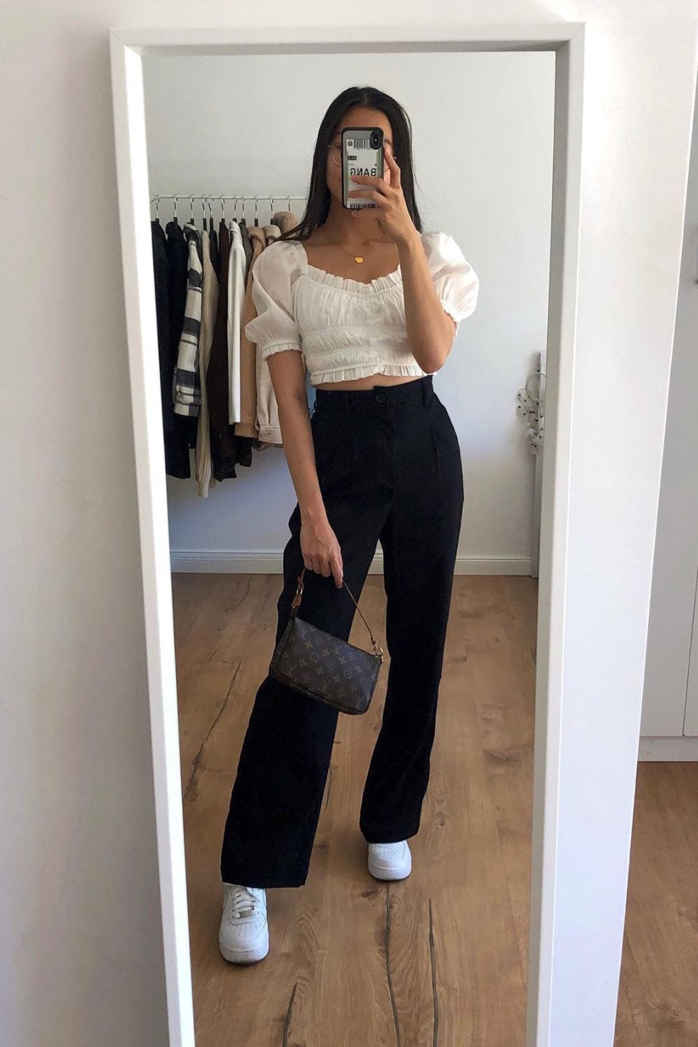 White Puff Sleeve Crop Top and Black Wide-Leg Trousers