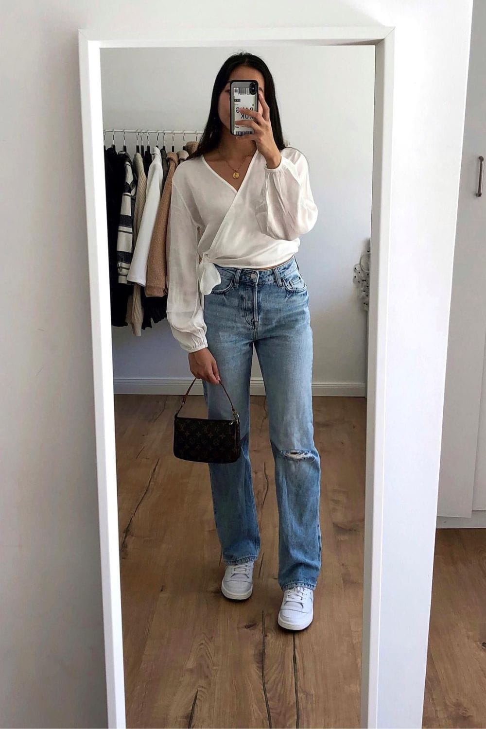 White Wrap Blouse and Light Wash Jeans