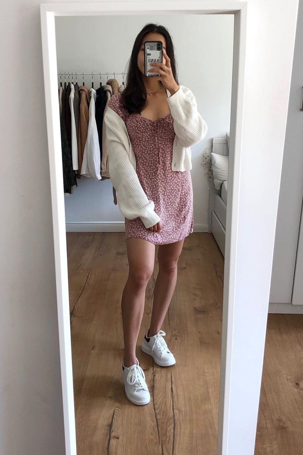 Pink Floral Mini Dress and White Cardigan
