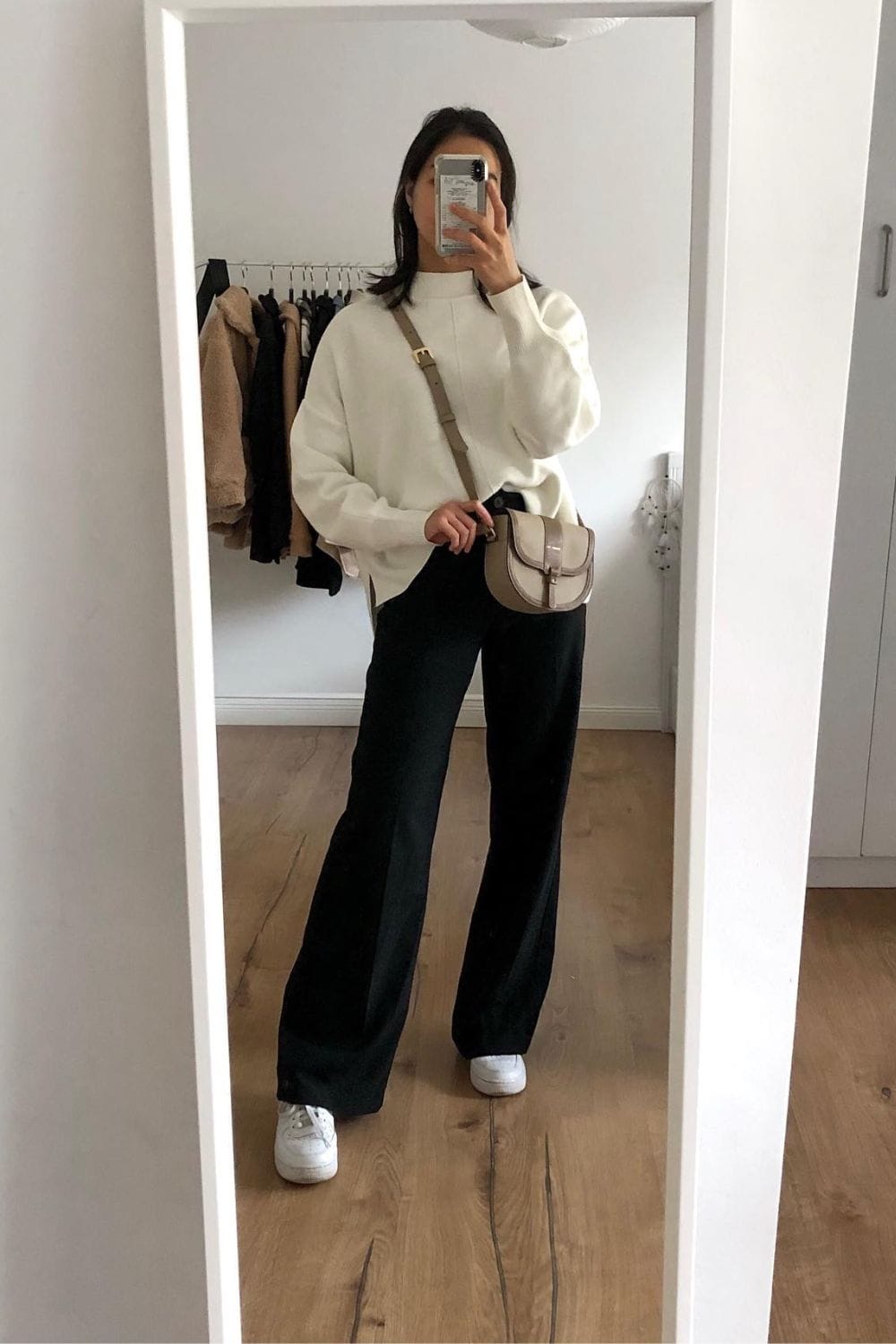 Cream Oversized Sweater and Black Wide-Leg Trousers