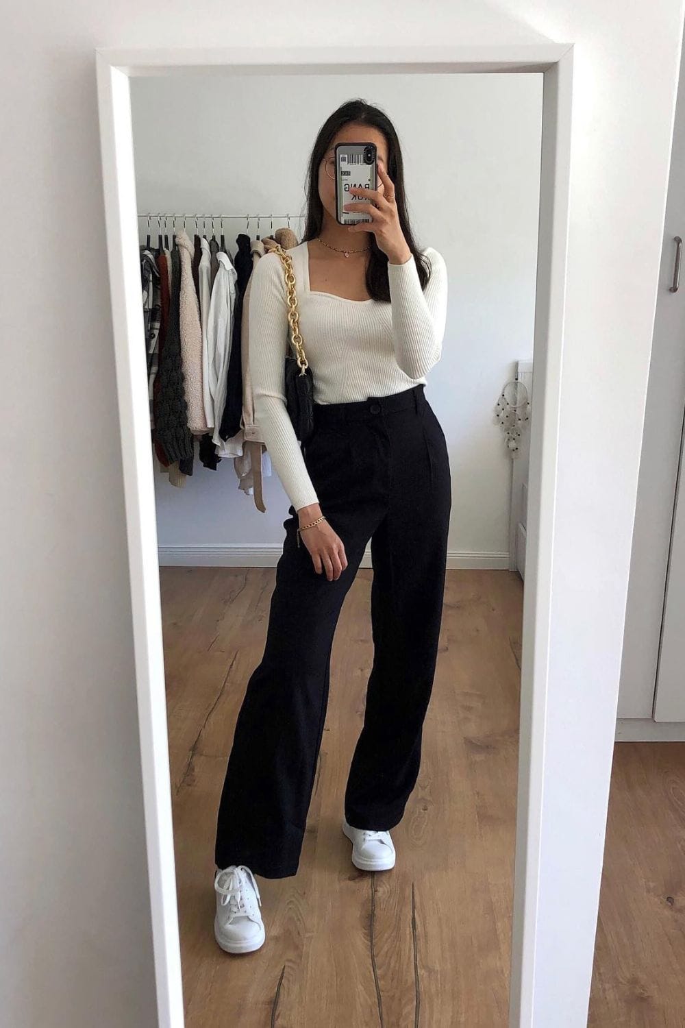 White Ribbed Sweater and Black Wide-Leg Pants