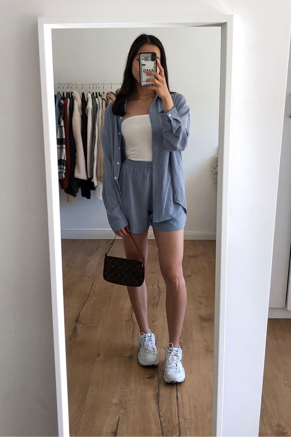 White Tank Top, Blue Button-Up Shirt, and Blue Shorts