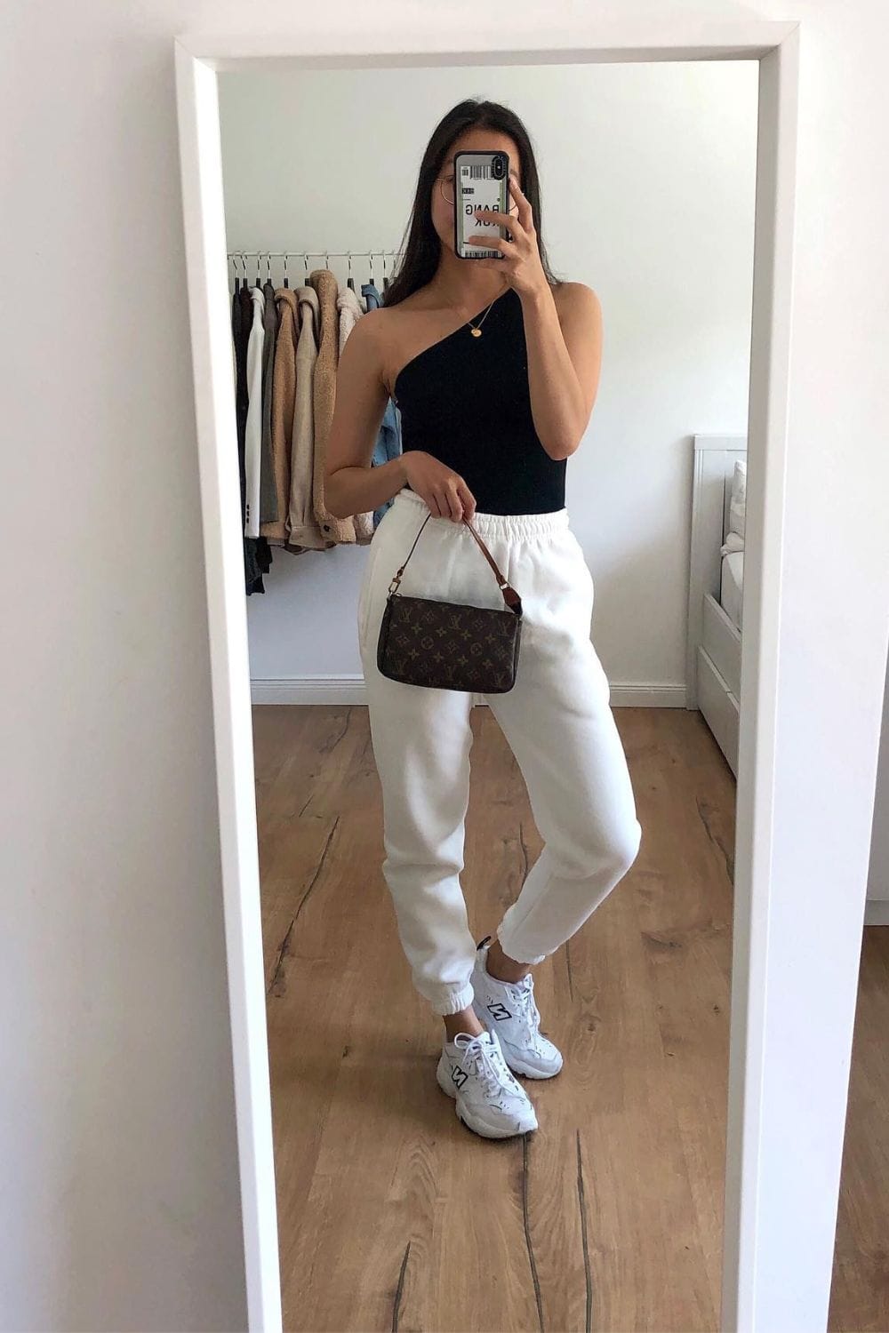 Black One-Shoulder Top and White Wide-Leg Pants