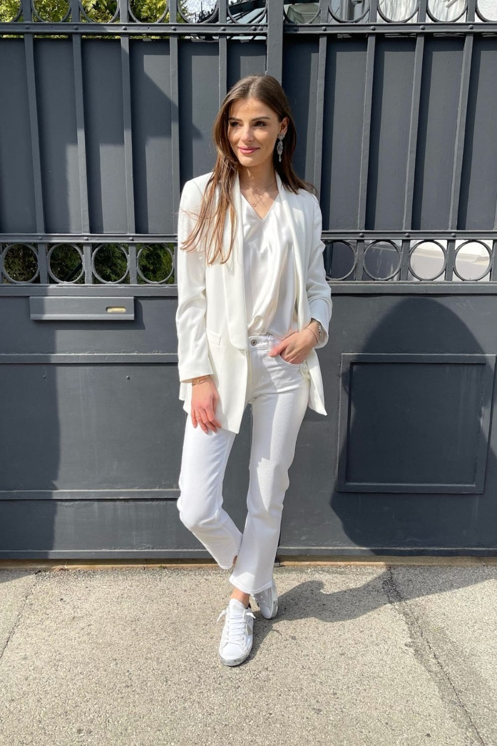 White Blazer, White Top, and White Pants