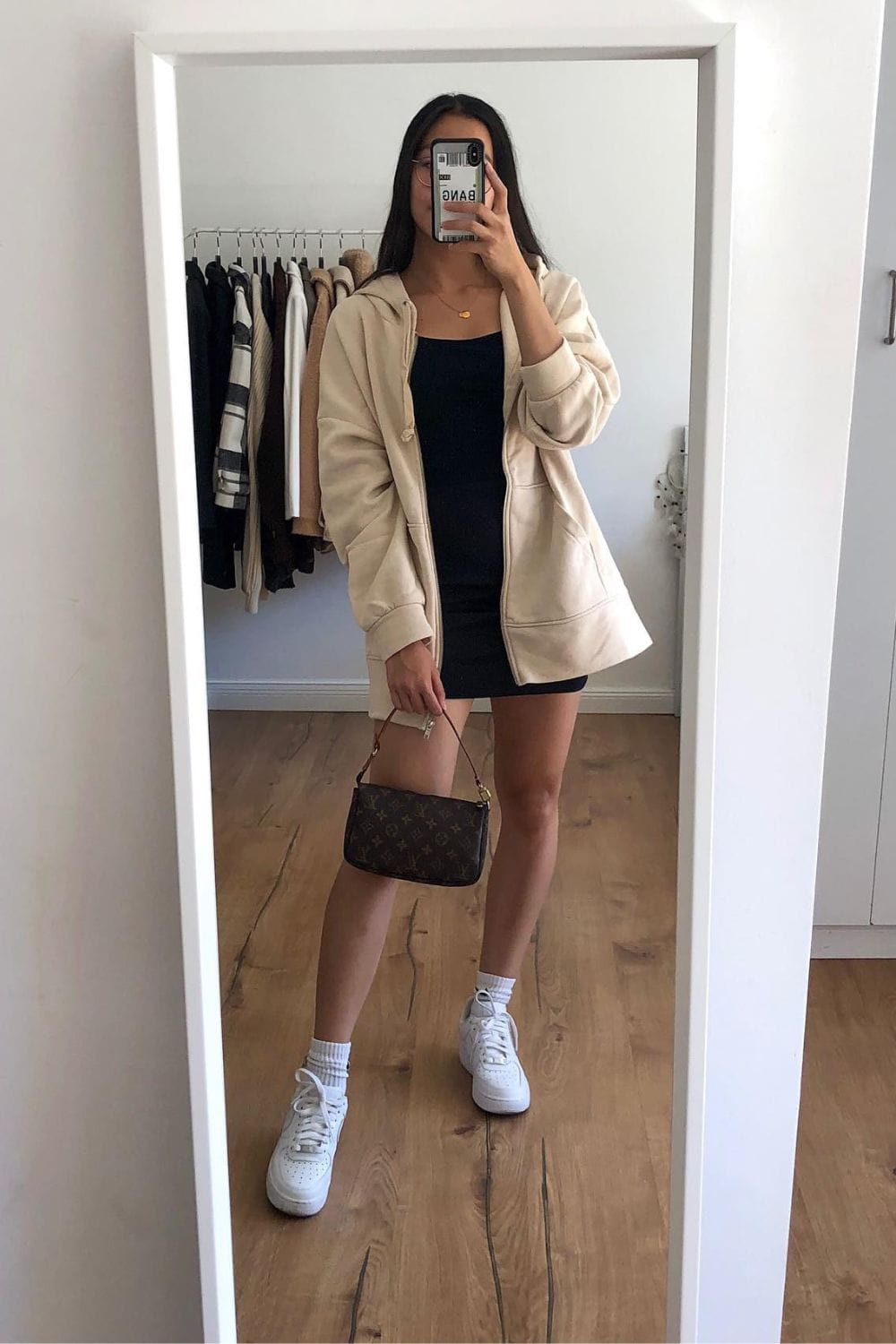Cream Oversized Jacket and Black Mini Dress