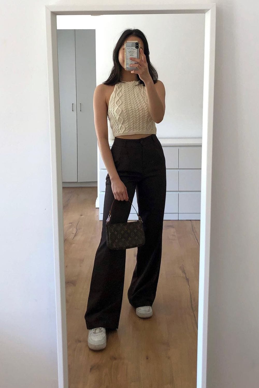 Cream Knit Crop Top and Black Wide-Leg Pants