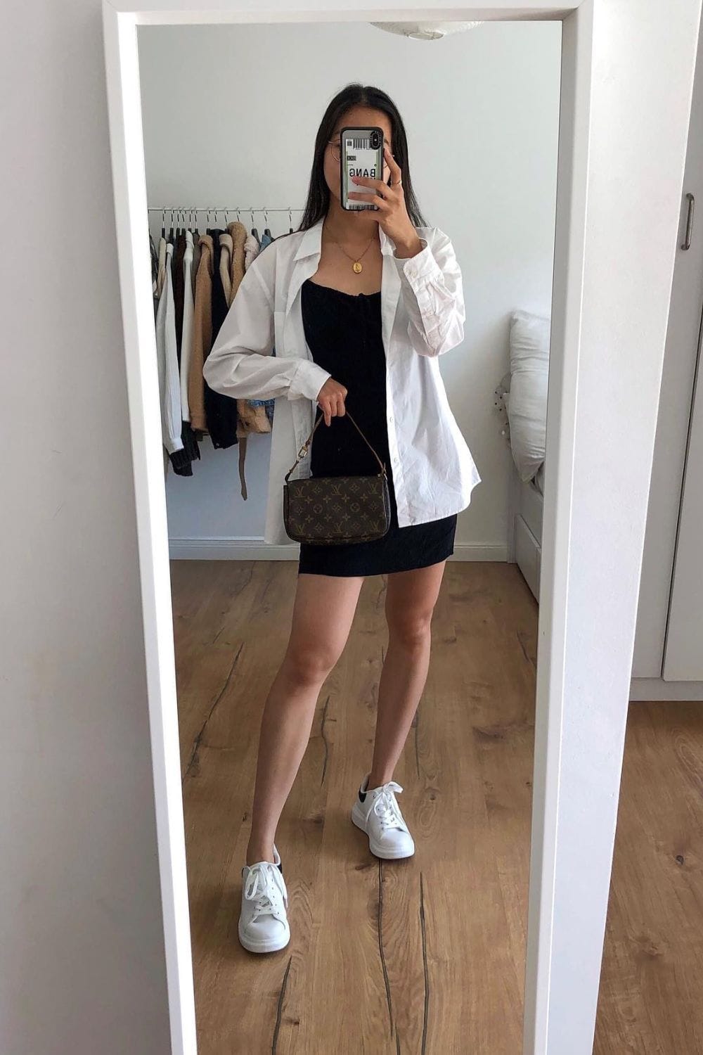 White Oversized Shirt and Black Mini Dress